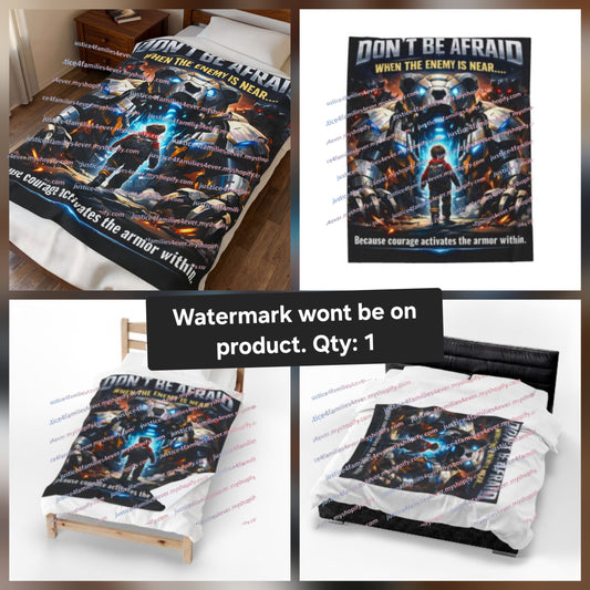 (Smaller kid 1)Velveteen Plush Blanket - "Don't Be Afraid" Sci‑Fi Robot Armor Inspirational Throw for Kids & Gamers
